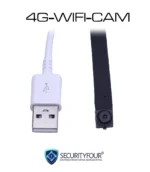 Dettaglio dell'obiettivo pinhole e del connettore USB per ricarica.